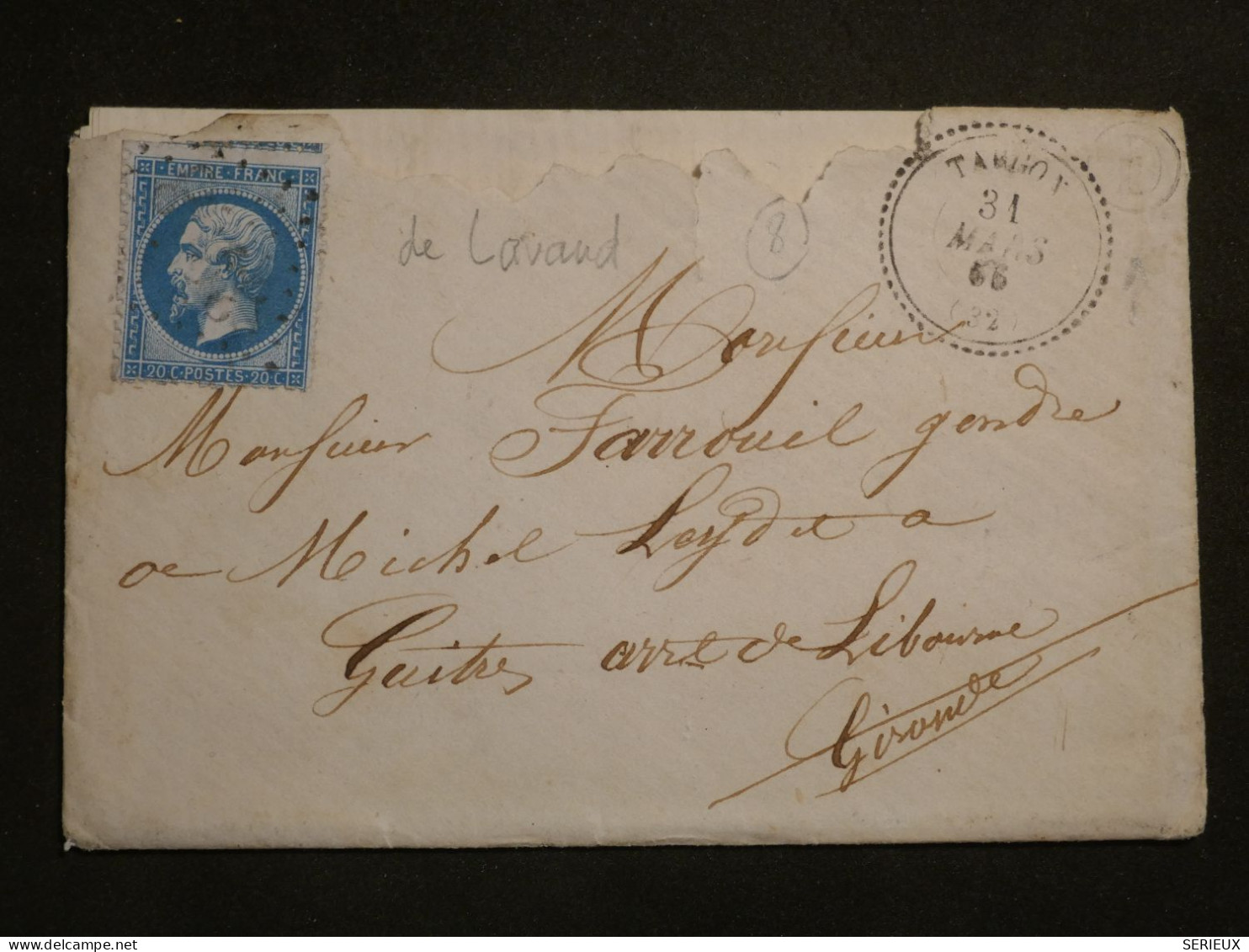 DH12 FRANCE BELLE LETTRE  1866   TANOY +PERLé +N°22 +MON CHER COUSIN .+AFF. INTERESSANT++++   ++ - 1849-1876: Klassieke Periode