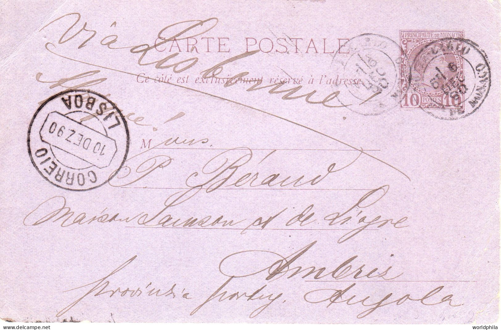 Monaco To Angola 1890 Via Lisboa Postal Card Michel P3 - Covers & Documents