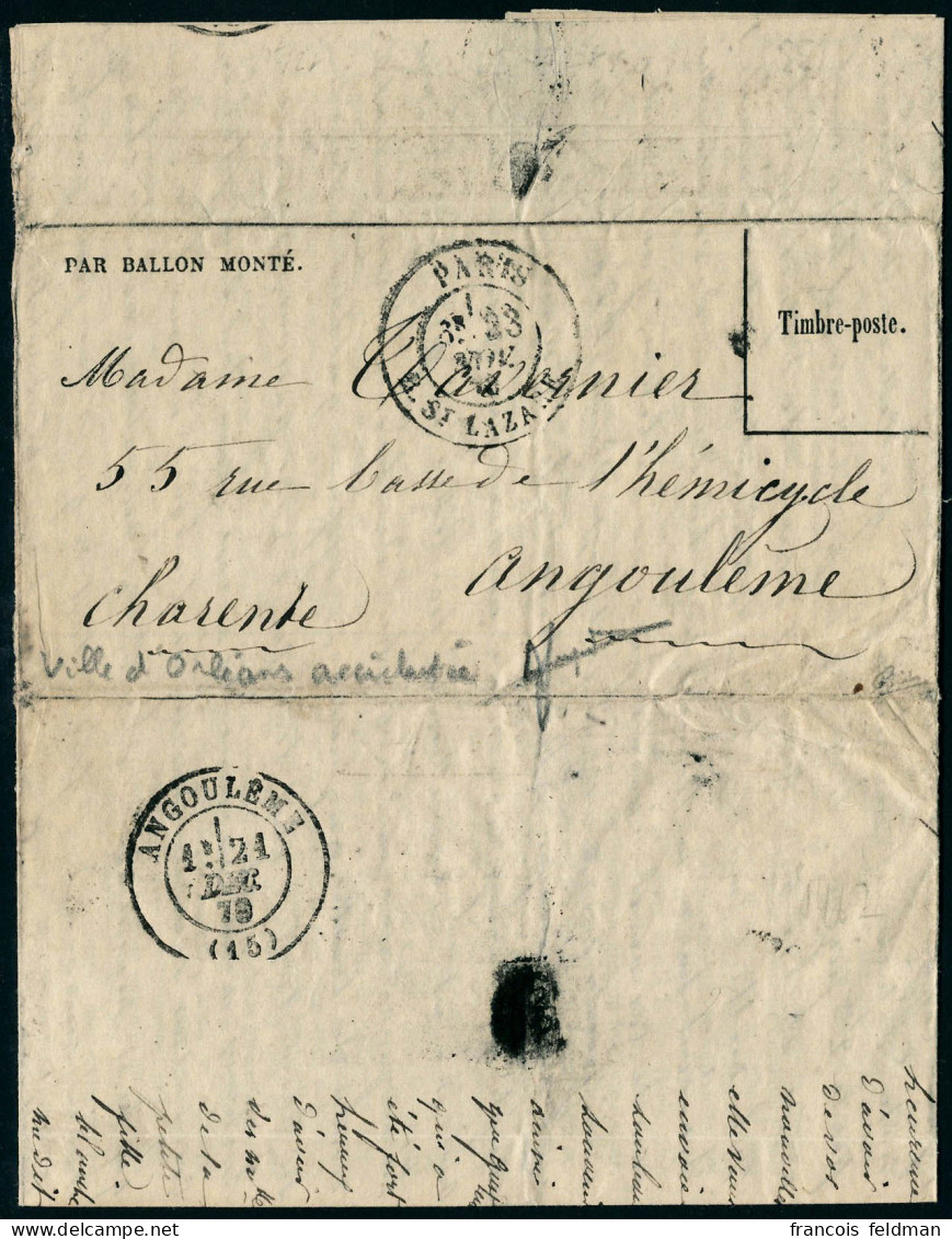 Lettre La Ville D'Orleans, Gazette Des Absents N° 10 23 Nov 70, Départ Paris Rue St Lazare 23 Nov 70 Pour Angoulême, Arr - Andere & Zonder Classificatie