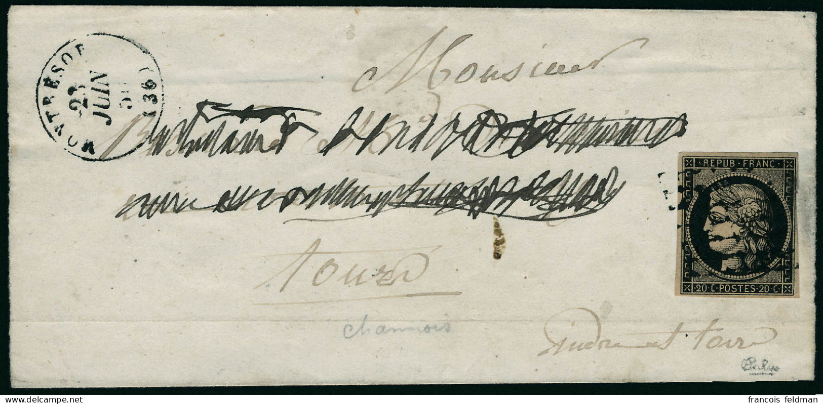 Lettre N° 3c. 20c Noir Sur Chamois Sur L. CàD Montrésor 23 Juin 50, Pour Tours. Au Verso CàD Ligne De Tours 23 Juin 50,  - Andere & Zonder Classificatie