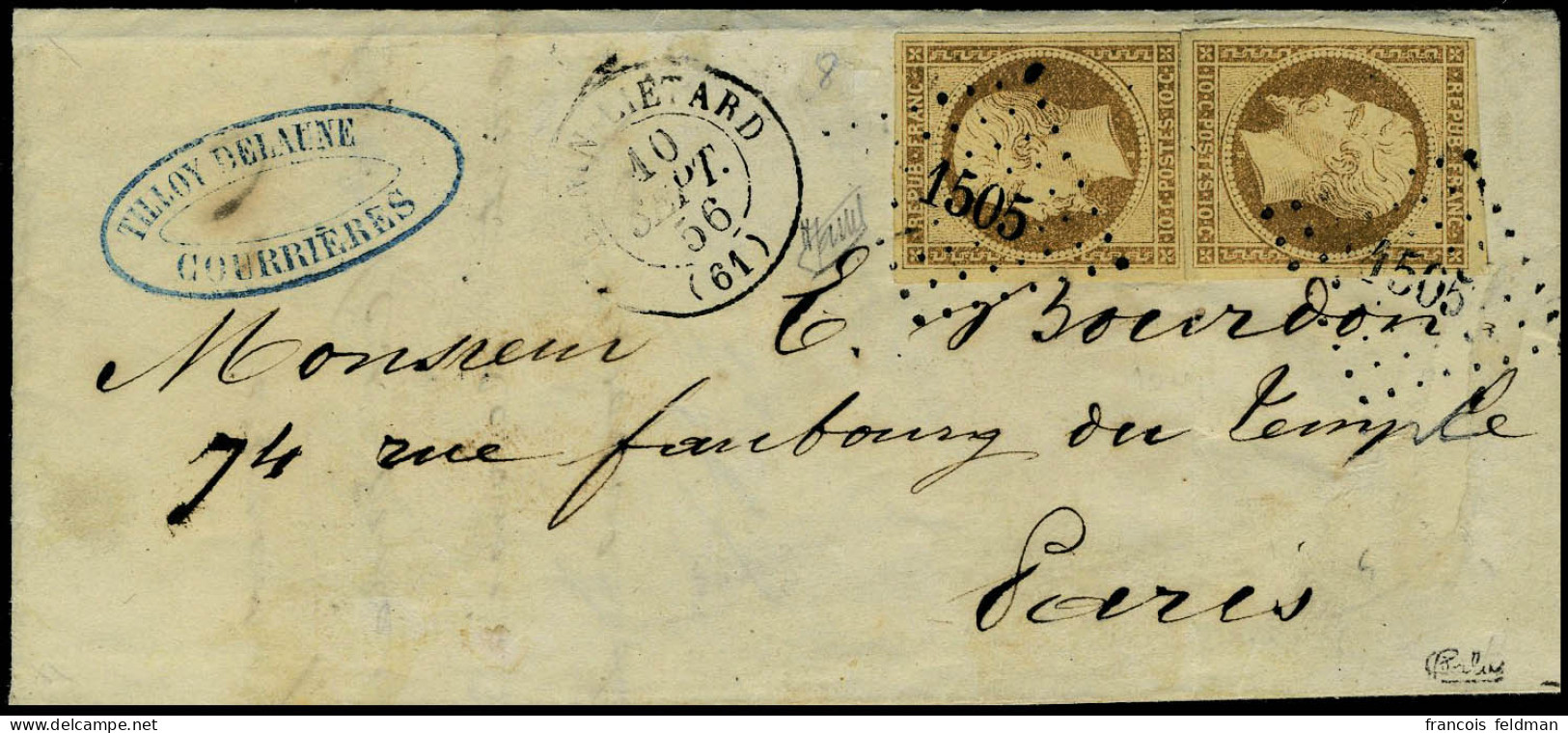 Lettre N° 9, 10c Bistre X 2 Sur L Obl PC 1505 Pour Paris T.B. Signé Calves, Spink-Maury - Sonstige & Ohne Zuordnung