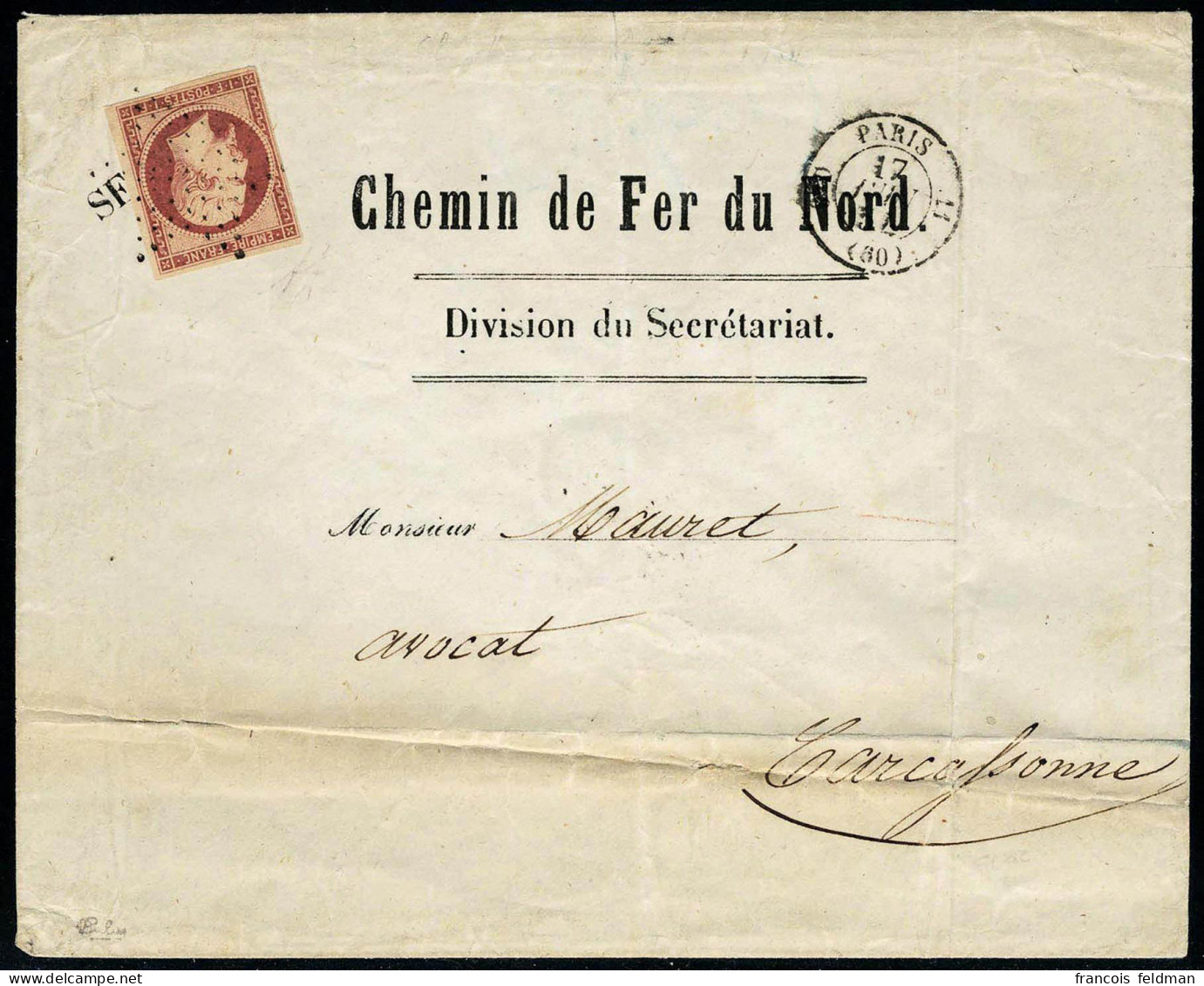 Lettre N° 18a, 1f Carmin Foncé Seul Sur Lettre à Entête Chemin De Fer Du Nord Obl. étoile + Càd Paris 17.6.54 Pour Carca - Sonstige & Ohne Zuordnung