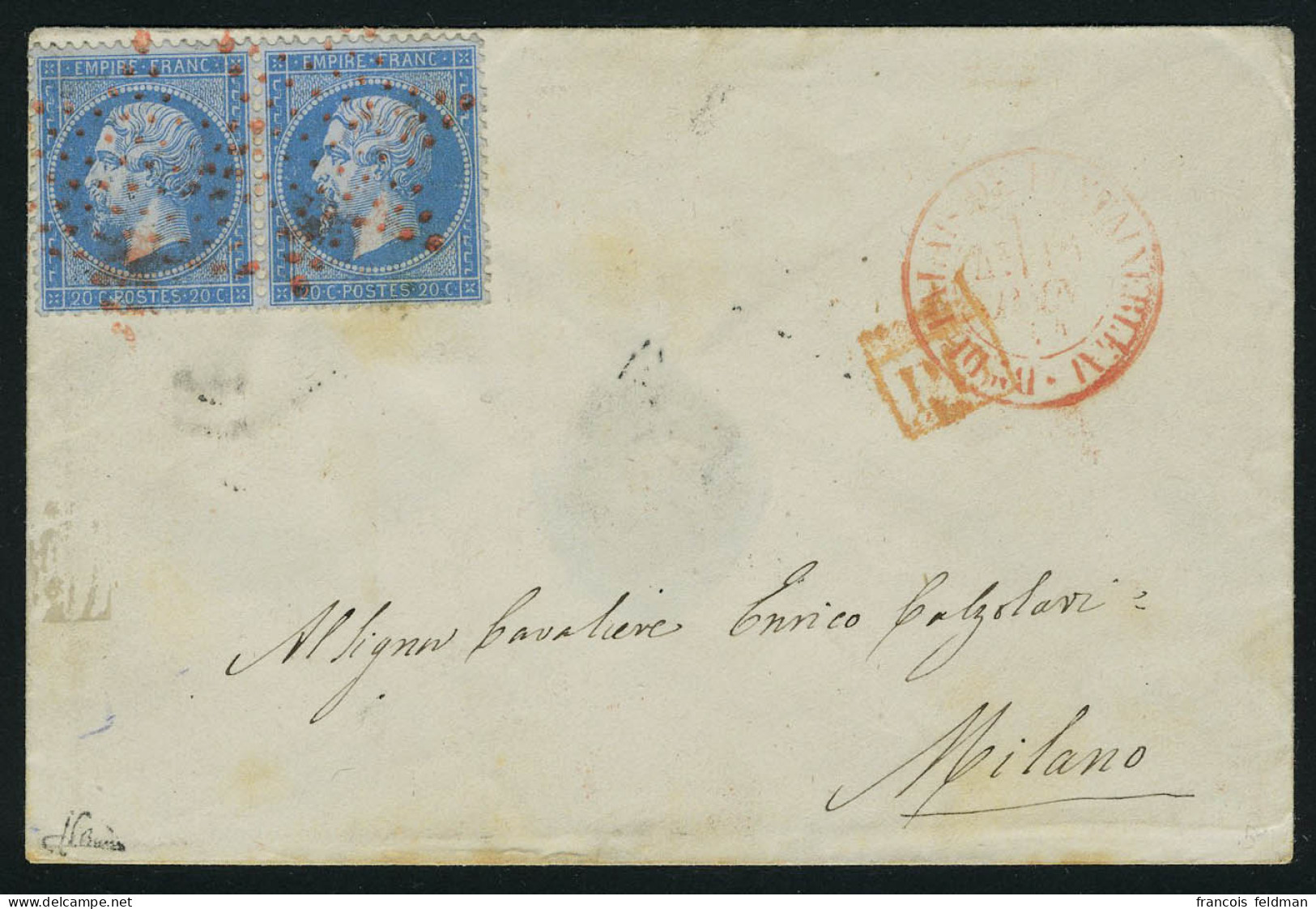 Lettre N° 22, 20c Bleu, Paire Hor. Sur L. Obl. étoile Rouge + Càd Rouge Du Palais De Fontainebleau 15 Juin 1864, Pour Mi - Autres & Non Classés