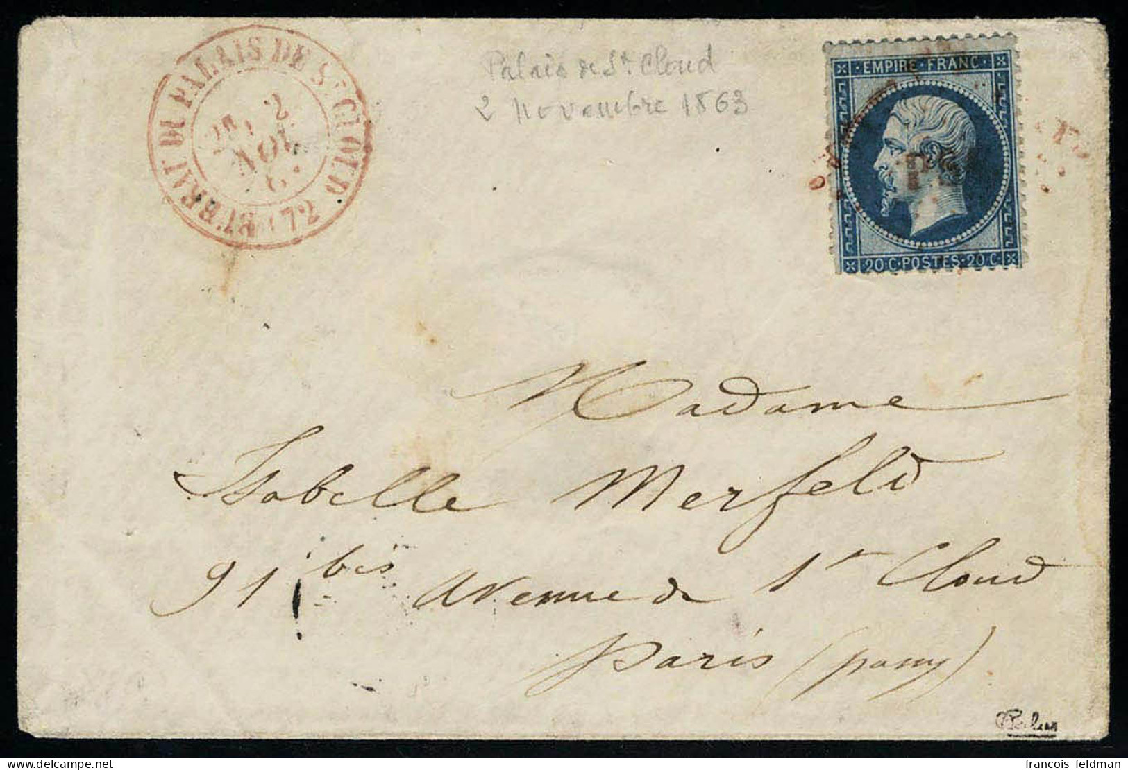 Lettre N° 22, 20c Empire Sur L, Oblitéré Losange PSC En Rouge + Càd Bureau Du Palais De St Cloud (72) 2 Nov 1863, En Rou - Sonstige & Ohne Zuordnung