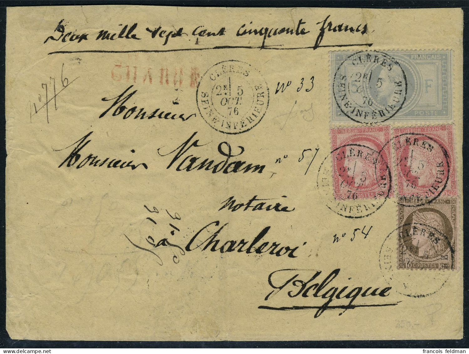 Lettre N° 33, 5f + 10c + 80c X 2,  Obl. CLERES 5 Oct 1876 Sur LR Chargée à Deux Mille Sept Cent Cinquante Frs Pour La Be - Otros & Sin Clasificación