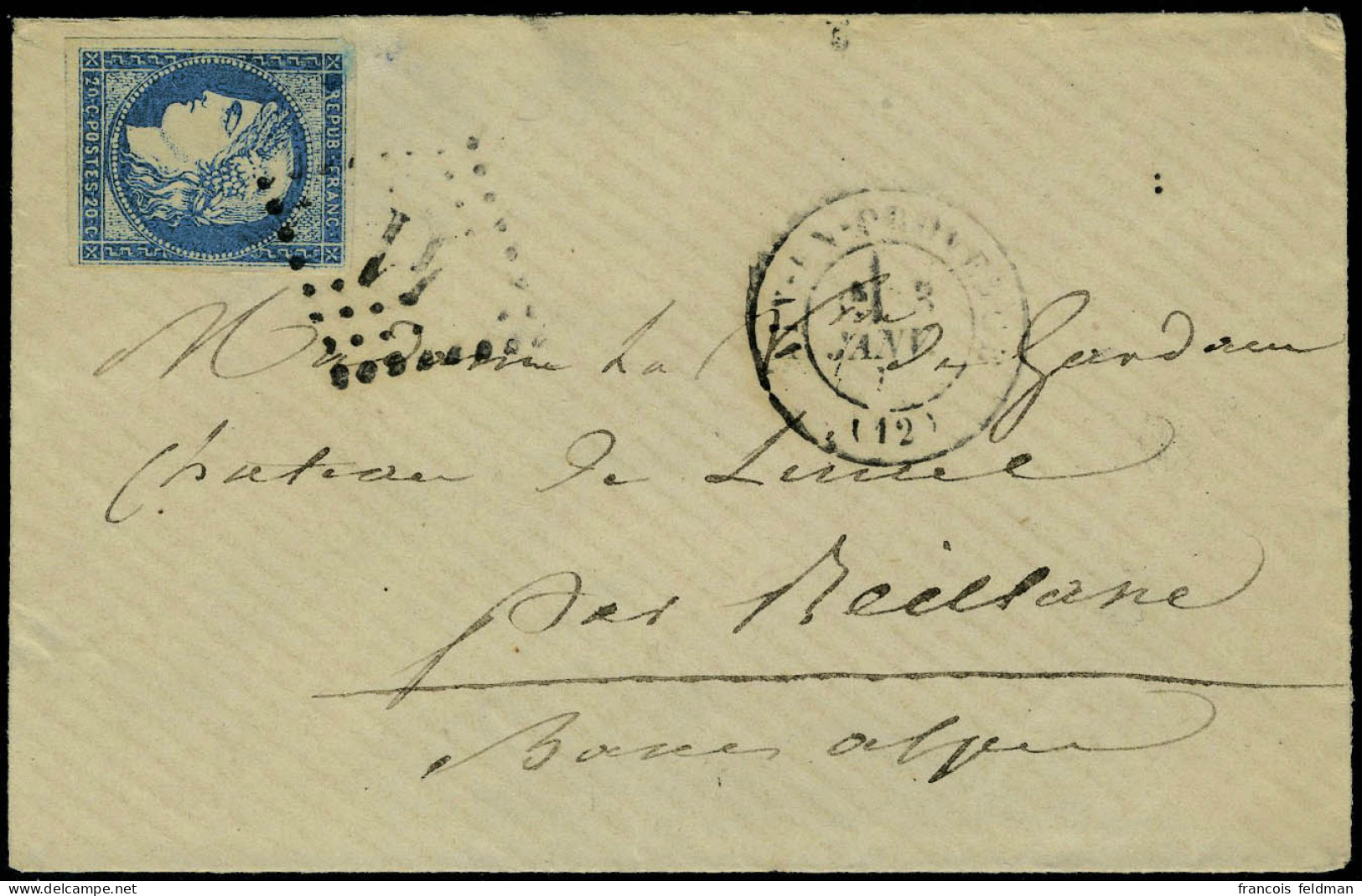 Lettre N° 44A, 20c Bleu Type I Report 1 Obl GC 41 Aix En Provence 3 Janv 71 Pour Les Basses Alpes T.B. - Sonstige & Ohne Zuordnung