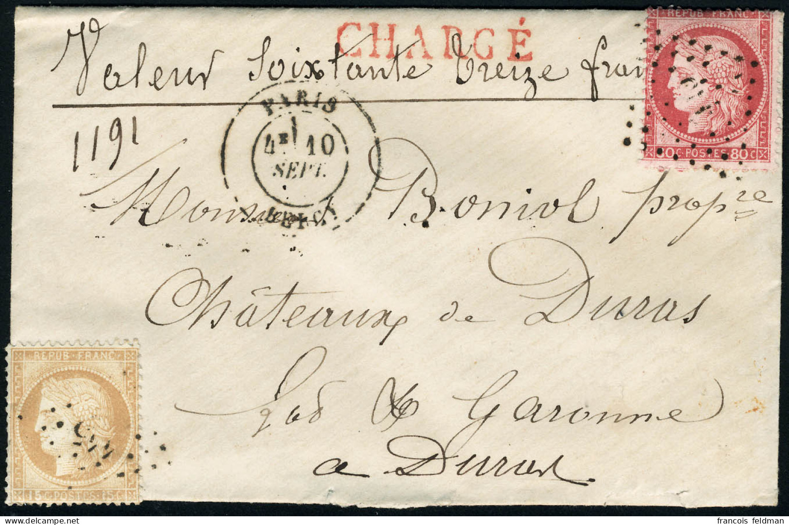 Lettre N° 55 + 57 Sur L, Cachet Chargé Et Mention Manuscrite Valeur Soixante Treize Francs, Càd Paris Bercy 10 Sep 75. L - Autres & Non Classés