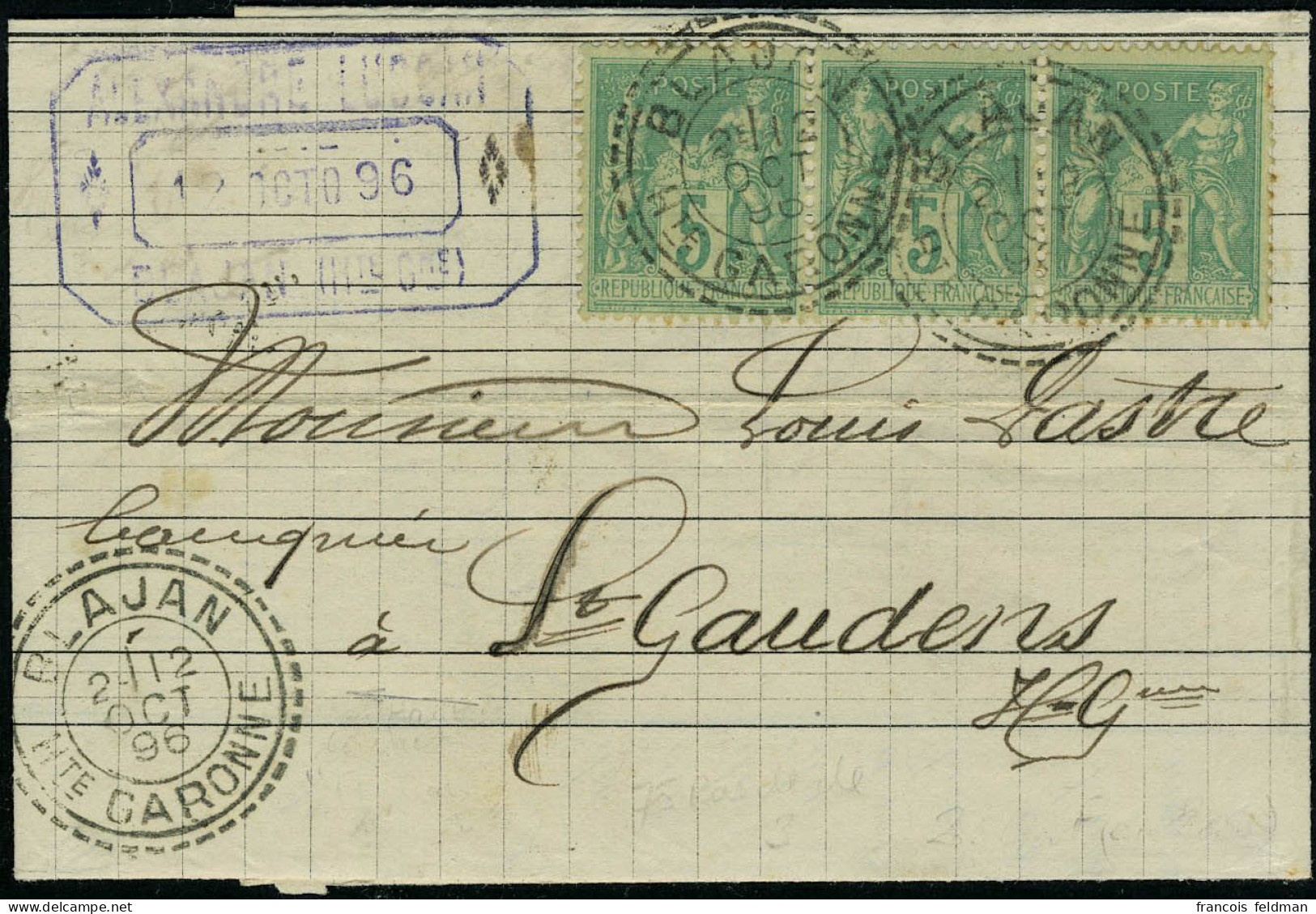 Lettre N° 76, 5c Vert, Bande De 3, Sur Lettre, OBL Cachet à Date Perlé BLAJAN 12 Oct 96 Pour St Gaudens, TB - Other & Unclassified