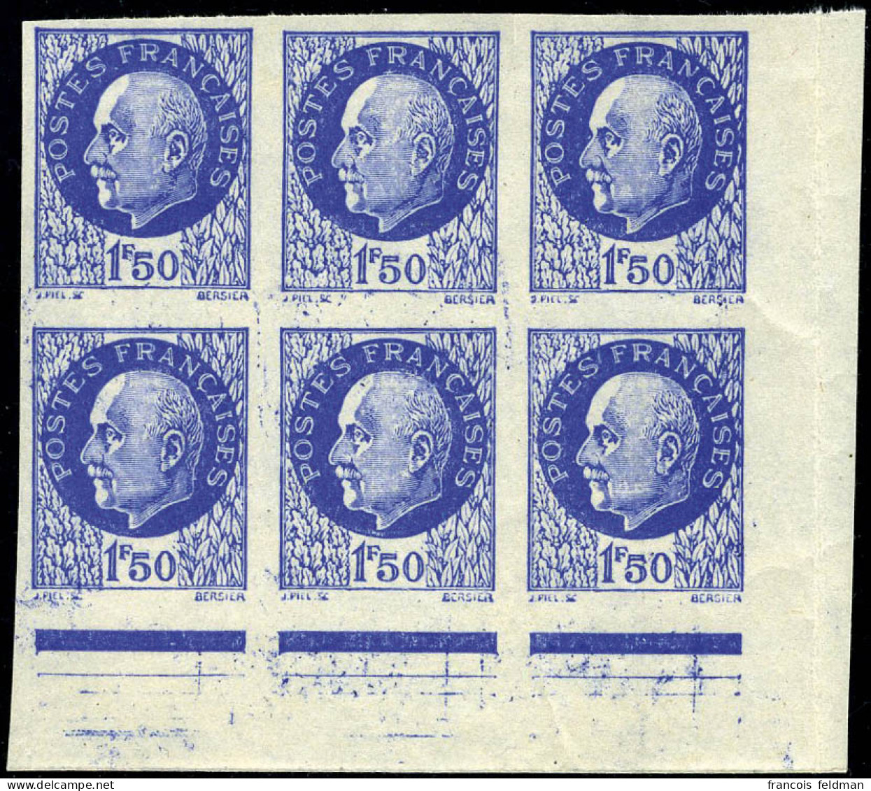 Neuf Sans Charnière N° 552c, 1.50 Pétain Bleu Sans Surcharge Et Bloc De 6 Non-dentelés CdF Sans Date, TB ( 2 Ex. Infime  - Autres & Non Classés