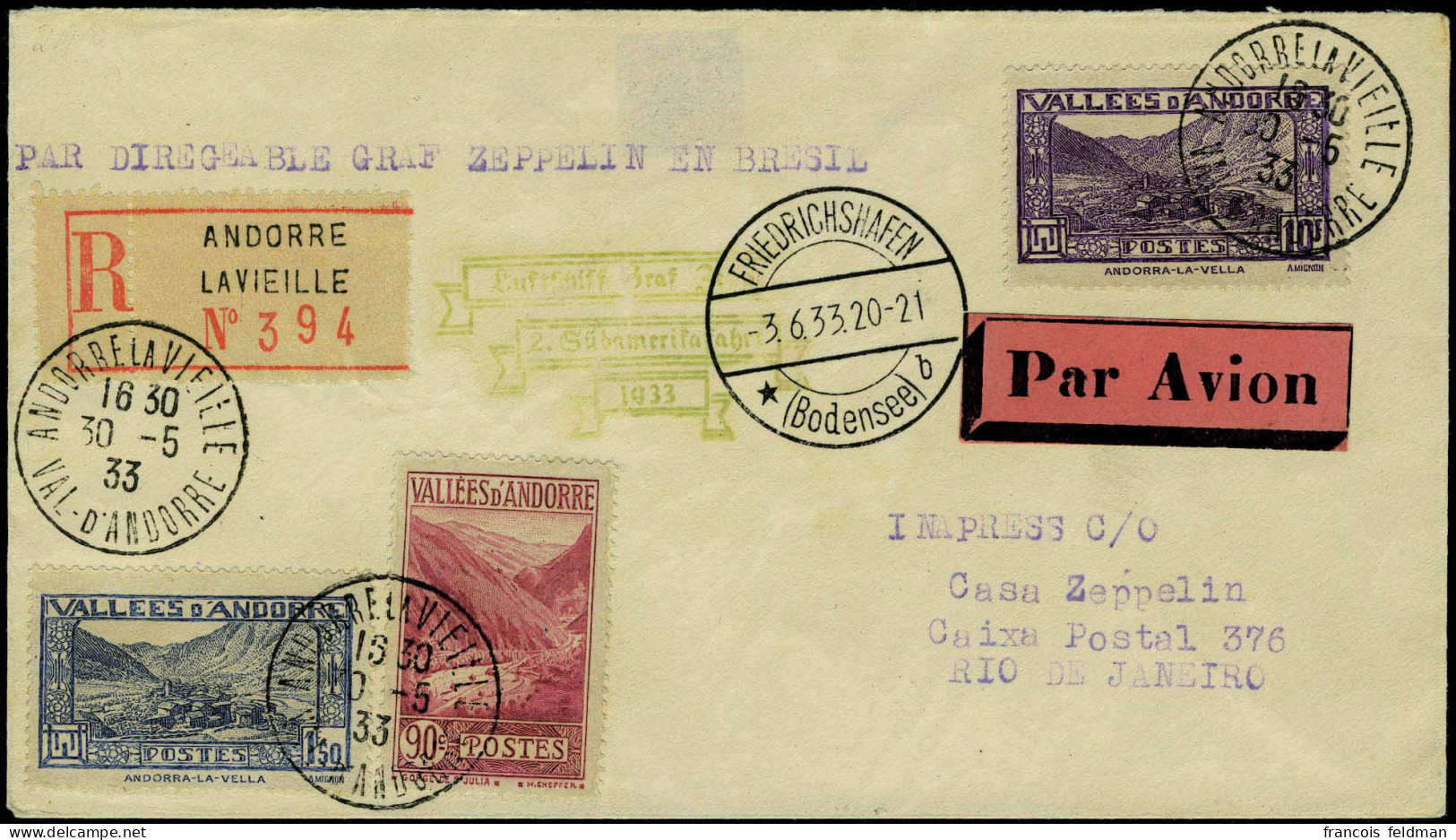 Lettre Zeppelin 2 SAF 1933 Pour Le Brésil Transit Friedrichshafen, TB - Autres & Non Classés