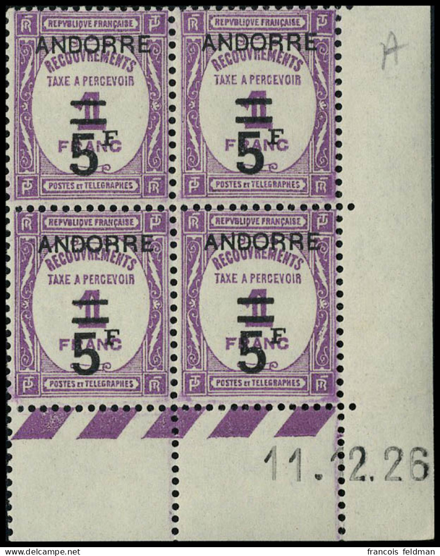 Neuf Sans Charnière N° 15, 5f S/1f Lilas En Bloc De 4 Coin Daté 11/2/26, TB - Autres & Non Classés