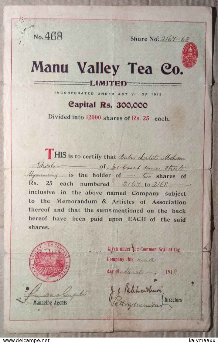 INDIA 1918 MANU VALLEY TEA COMPANY LIMITED, TEA ESTATE, TEA GARDENS...SHARE CERTIFICATE - Agricultura