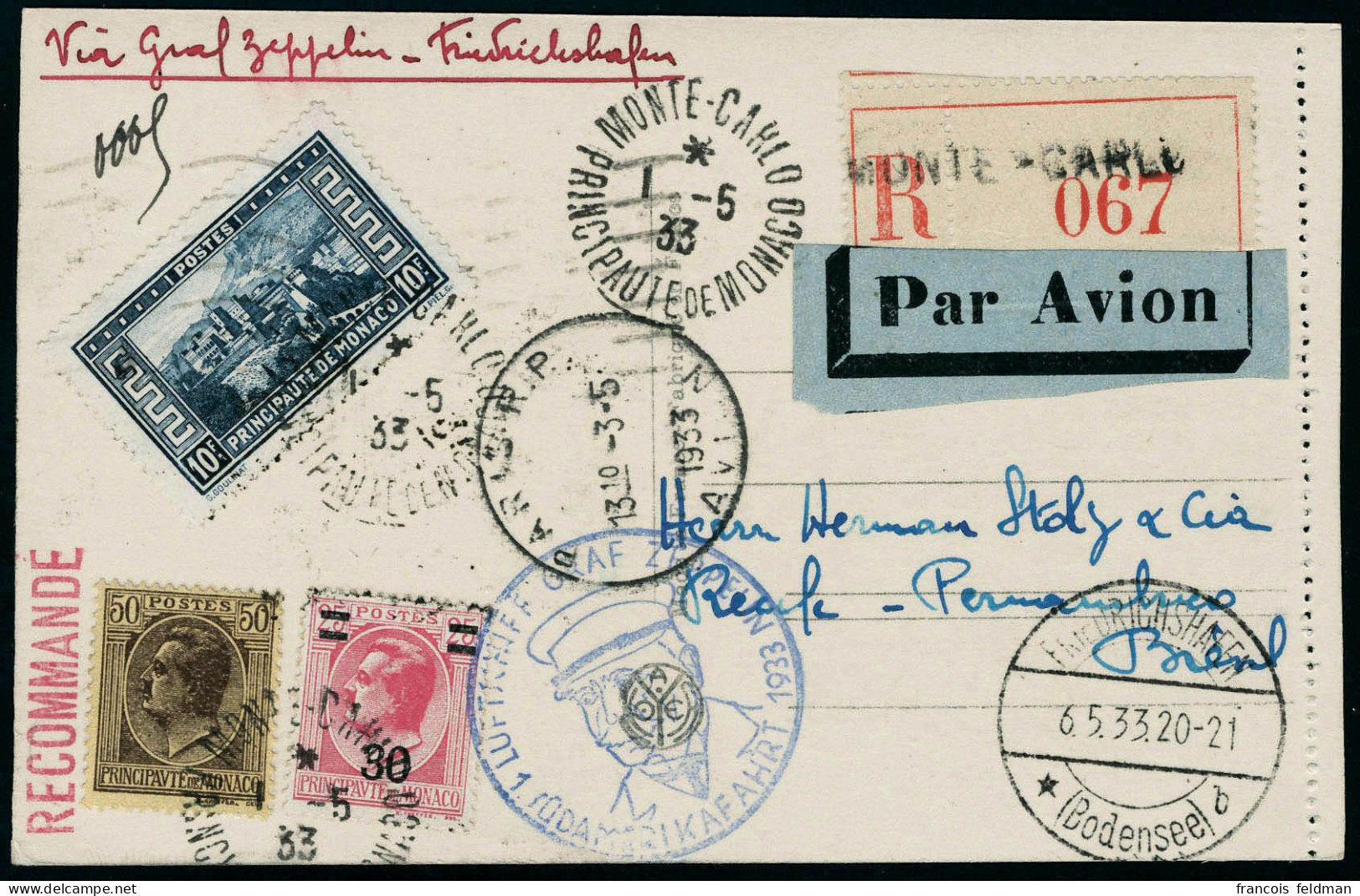 Lettre Zeppelin 1er SAF 1933 Pour Le Brésil T.B. - Sonstige & Ohne Zuordnung