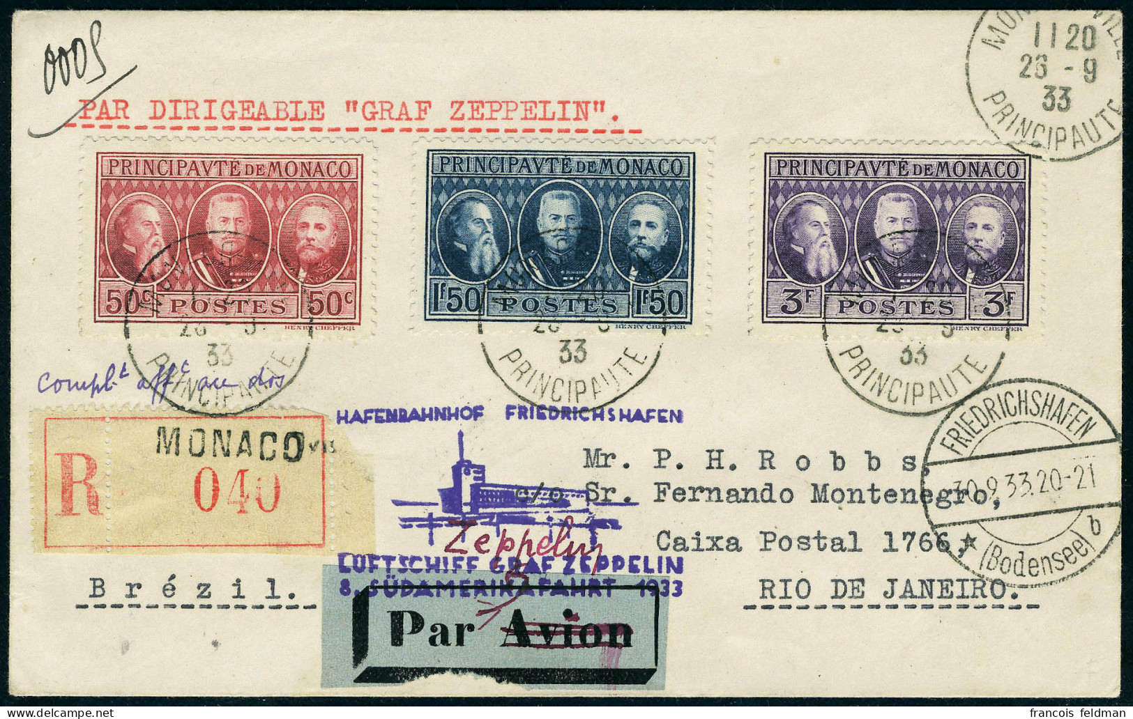 Lettre Zeppelin, 8è SAF 1933, Pour Rio Via Friedrichshafen Complément D'affranchissement Et Arrivée Au Verso, T.B. - Autres & Non Classés