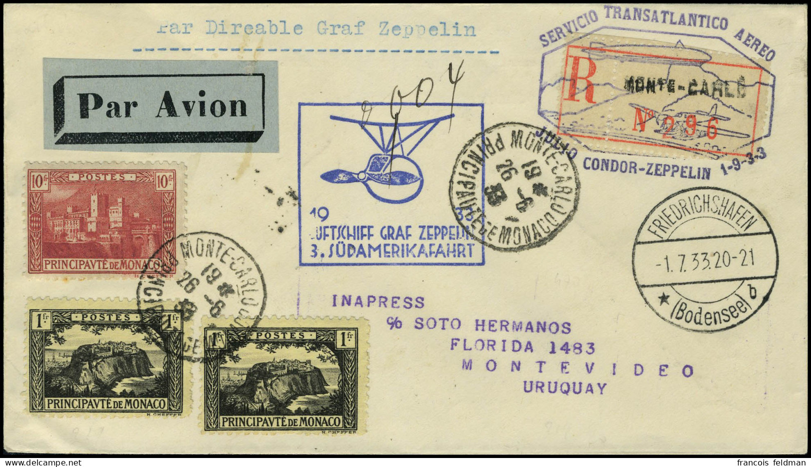 Lettre Zeppelin 3è SAF 1933 Pour L'Uruguay, TB - Autres & Non Classés