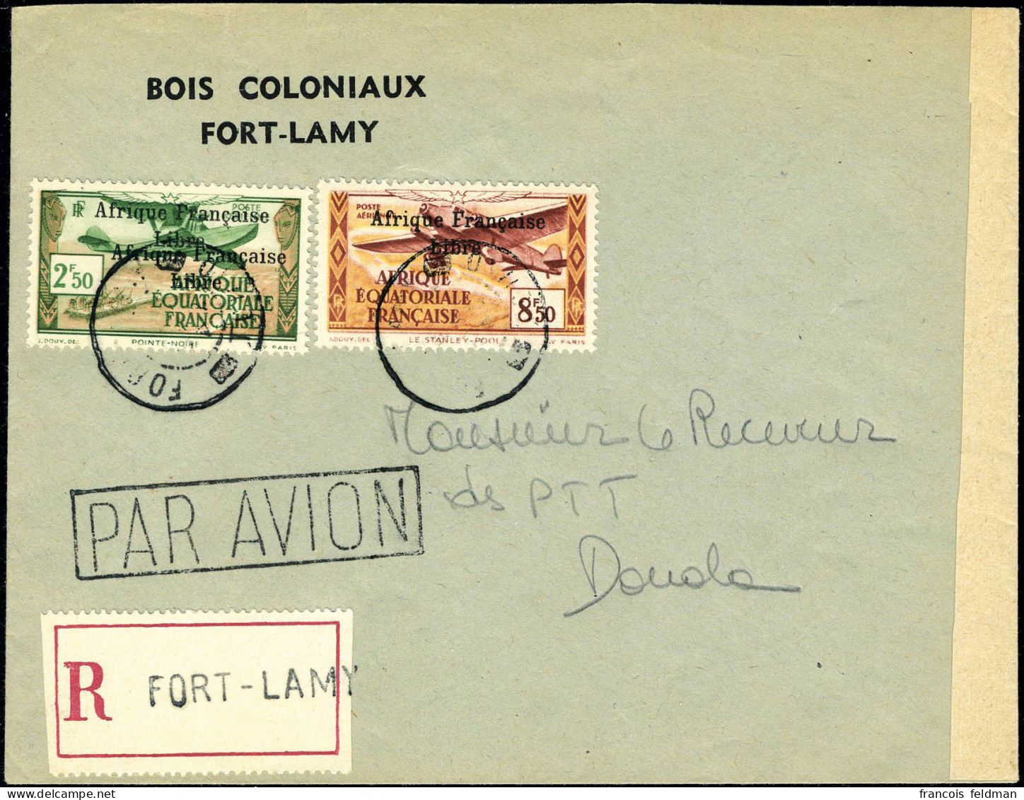 Lettre N° 15b, 2f50 Afrique Française Libre, Double Surcharge + N° 19 Sur LR De Fort-Lamy Pour Douala, Bande Et Cachet D - Sonstige & Ohne Zuordnung