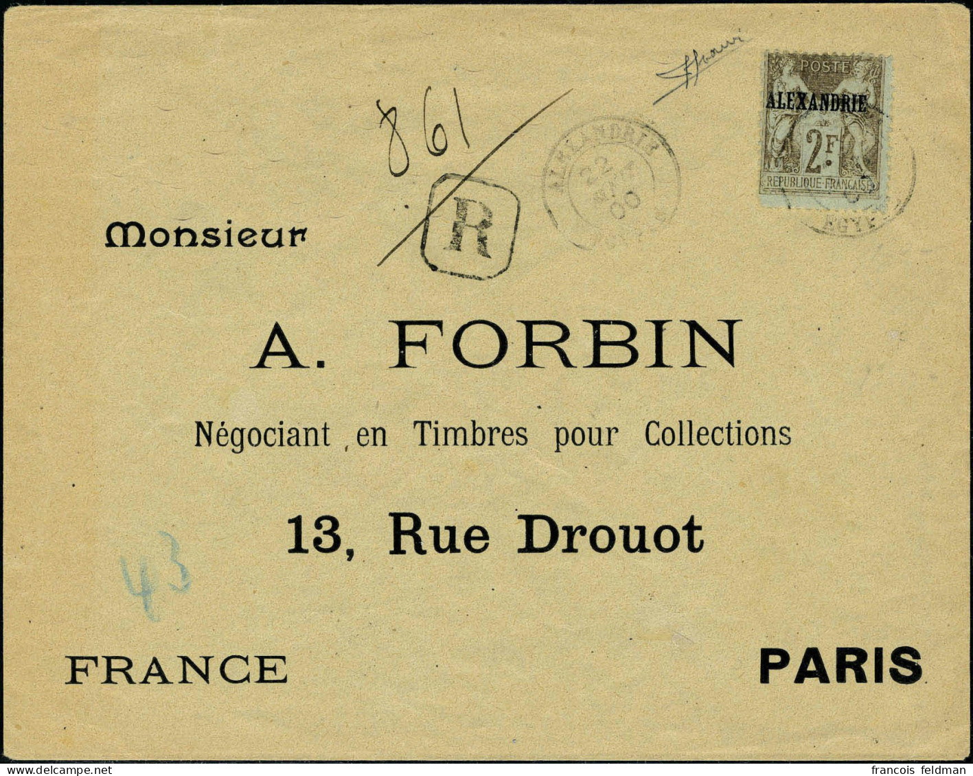 Lettre N° 17, 2f Obl Alexandrie 22 Aout 00 Sur LR Pour Paris, T.B. Rare - Otros & Sin Clasificación