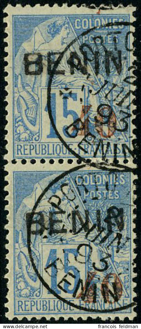 Oblitéré N° 15, 40 S/15c Bleu, Paire Verticale, Superbe - Otros & Sin Clasificación