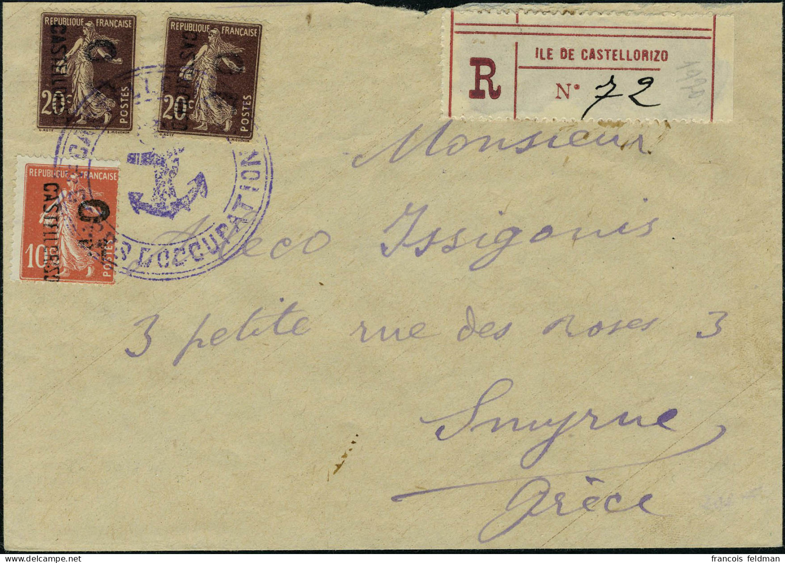 Lettre N° 38+39(x2),10c + 2 X 20c, LR Affrt à 50c Pour La Grèce, TB, Rare, Au Verso Cachet TRESOR Et POSTES 3/8/28 - Autres & Non Classés