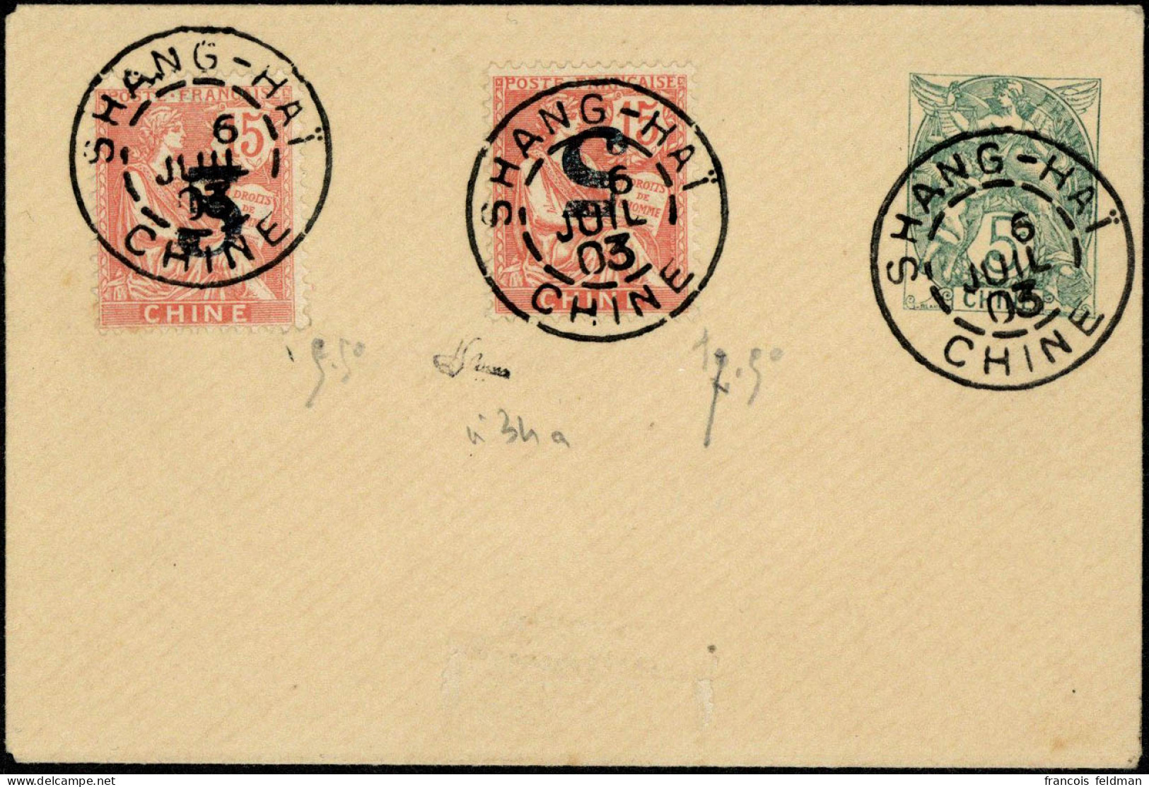 Lettre N° 34a, + 34, OBL S/entier Postal à 5c, OBL SHANG-HAI 6 Juil 03, TB Signé Brun - Sonstige & Ohne Zuordnung