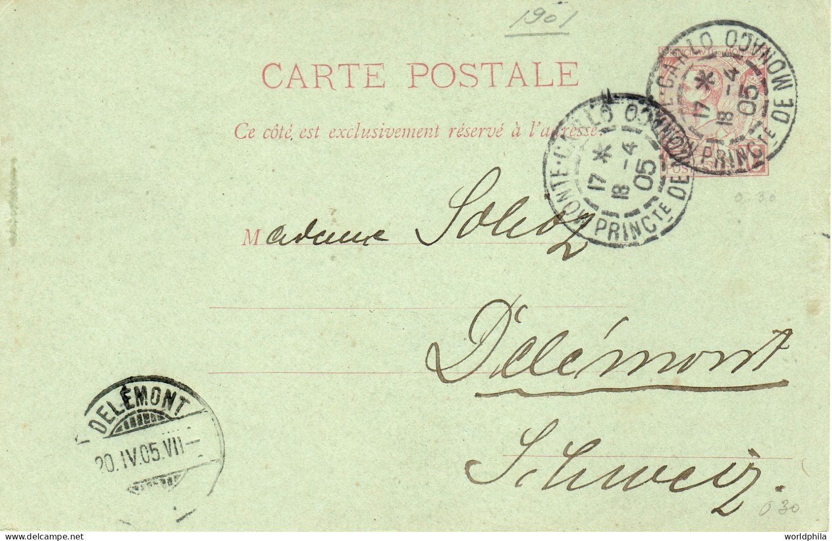 Monaco To Switzerland / Schweiz 1905 Postal Card Michel P9 - Covers & Documents