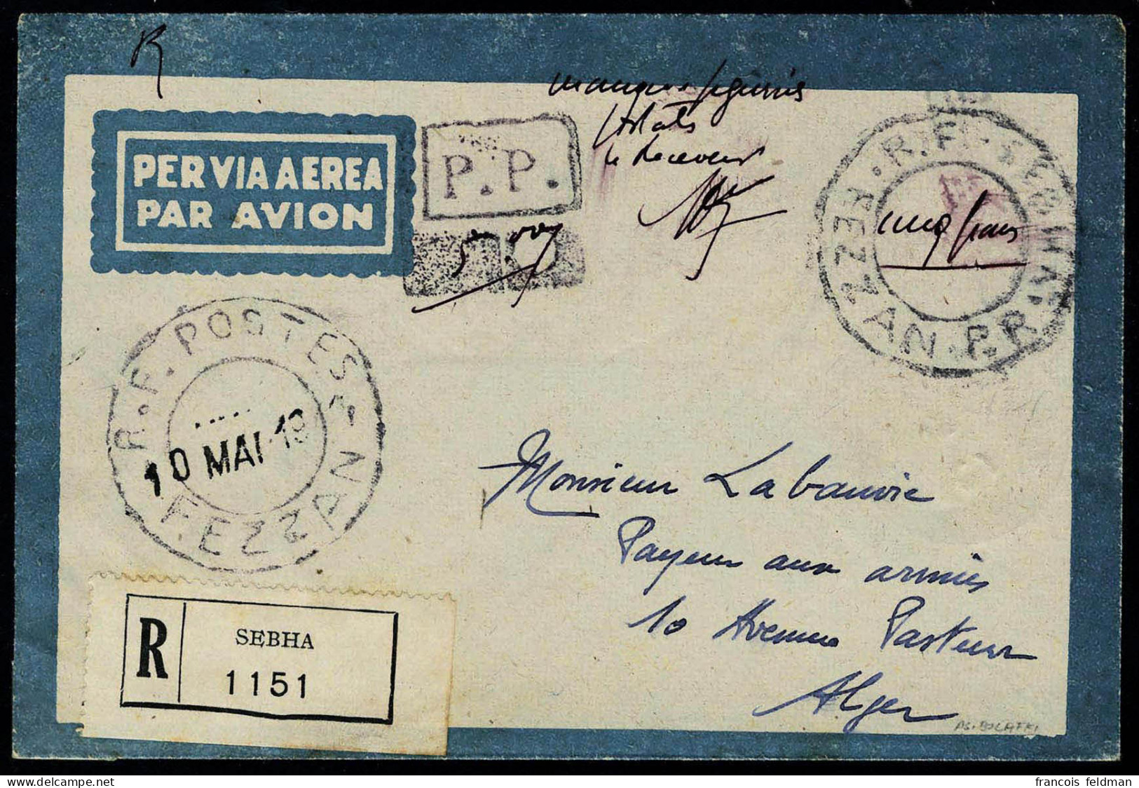 Lettre LR De Sebha 10 Mai 1943, Mention Manuscrite Manque Figurines Postales. Le Receveur, Cachet PP Et Càd évidé Avec M - Other & Unclassified