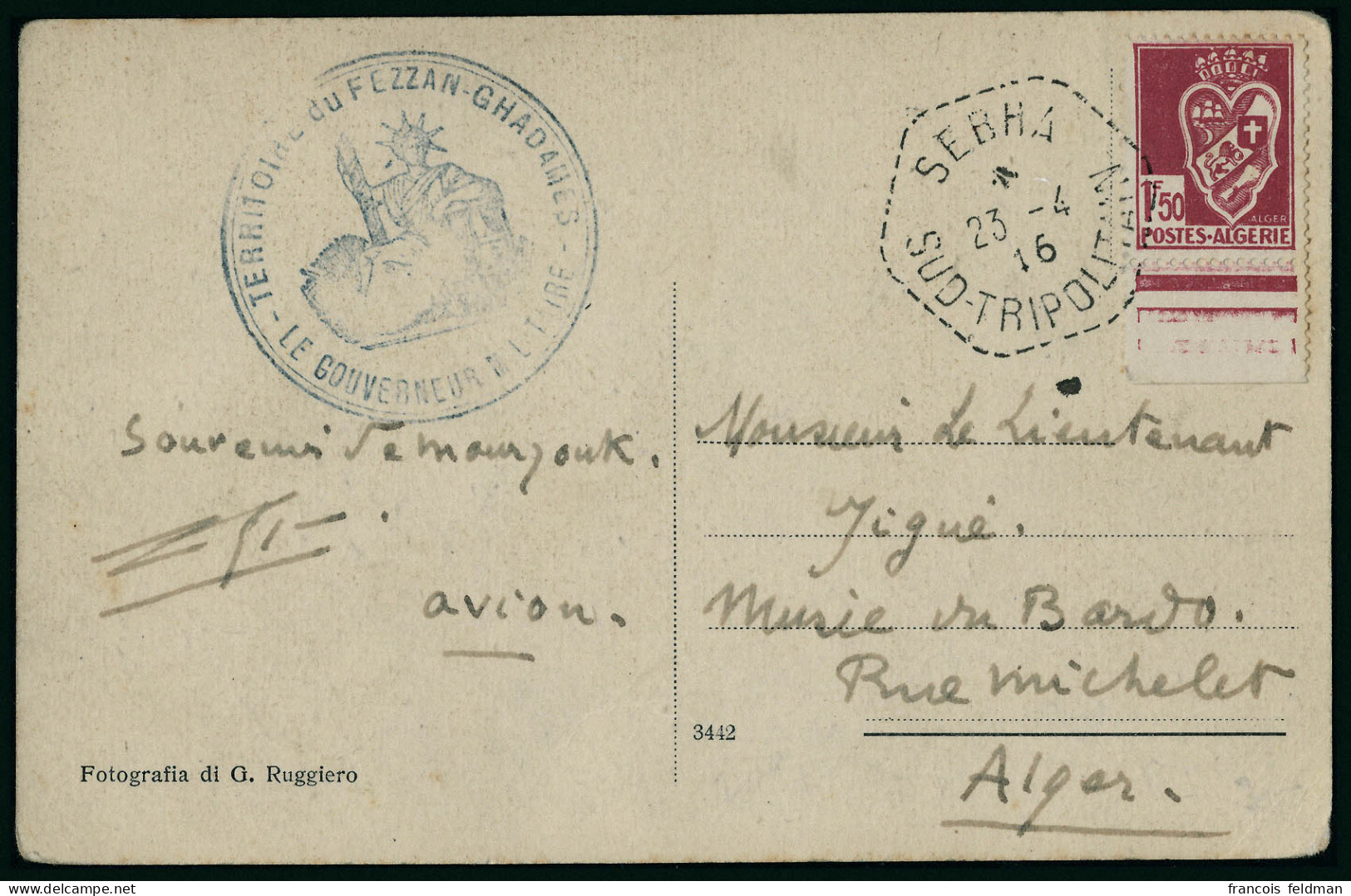 Lettre CP : Illustrée Avec TP D'Algérie N° 191. CàD Sebah 23.4.46. Cachet Territoire Du Fezzan - Ghadames. Le Gouverneur - Other & Unclassified