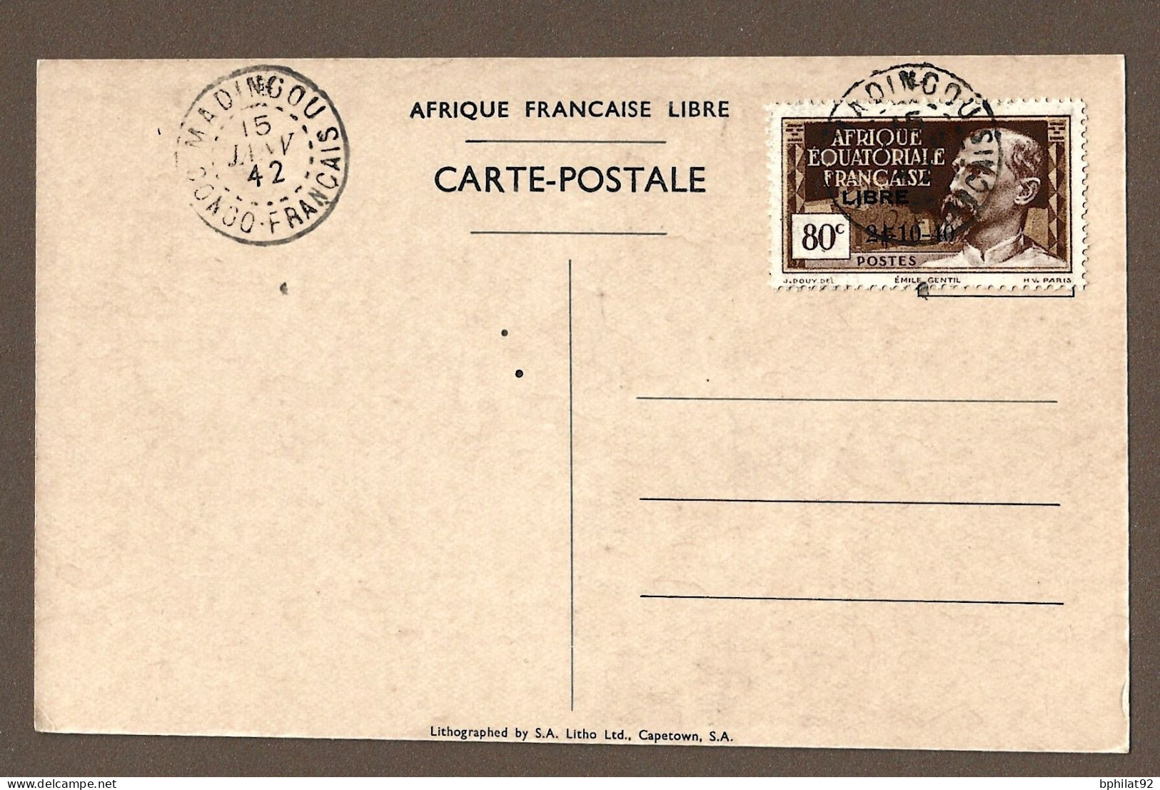 !!! CARTE POSTALE COMMÉMORATIVE DE DE GAULLE À BRAZZAVILLE, AFFRANCHIE À 80CTS, AVEC CACHET DE MADINGOU, CONGO FR,1942 - Briefe U. Dokumente