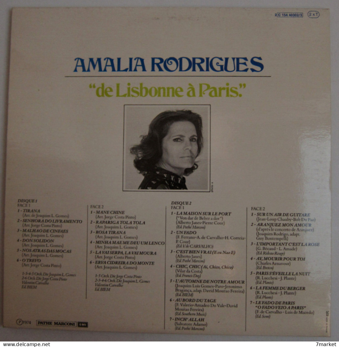 LP/  Amalia Rodrigues - De Lisbonne à Paris / 1974 - Pathé Marconi EMI; Double LP - Musiques Du Monde