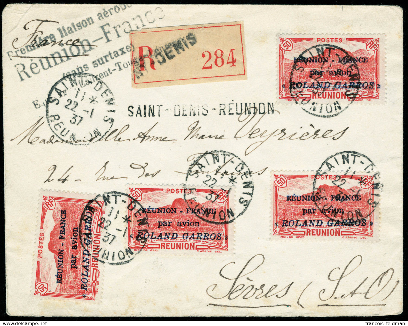 Lettre N° 1, 50c Roland Garros X 4ex Sur LR Sèvres, Arrivée Au Verso, T.B. Affranchissement Rare. - Other & Unclassified