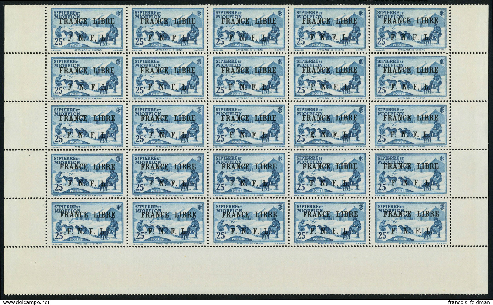 Neuf Sans Charnière N° 253, 25c Bleu Vert France Libre, Feuille De 25ex, T.B. - Sonstige & Ohne Zuordnung