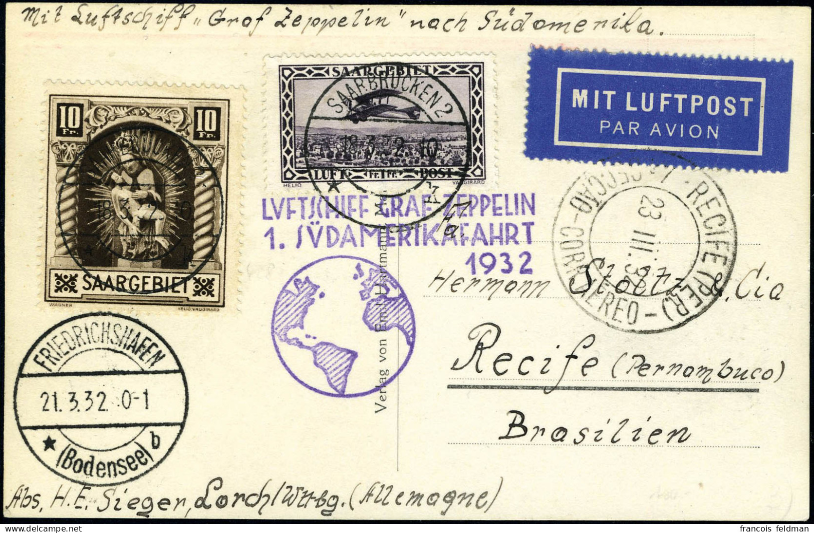 Lettre Zeppelin 1 SAF 1932 Pour Récife, TB - Otros & Sin Clasificación