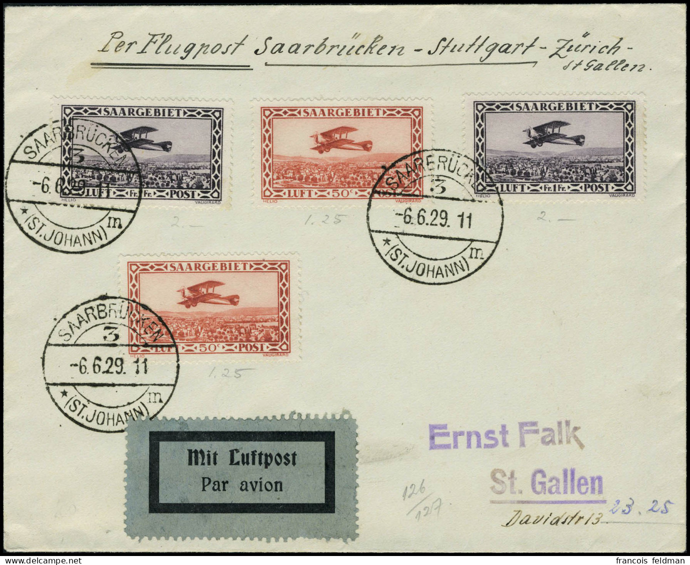 Lettre N° 1/2, Les 2 Valeurs X 2 S/L 1ère Val. Sarrebruck, Stuttgart, Zurich St Gall, TB - Other & Unclassified