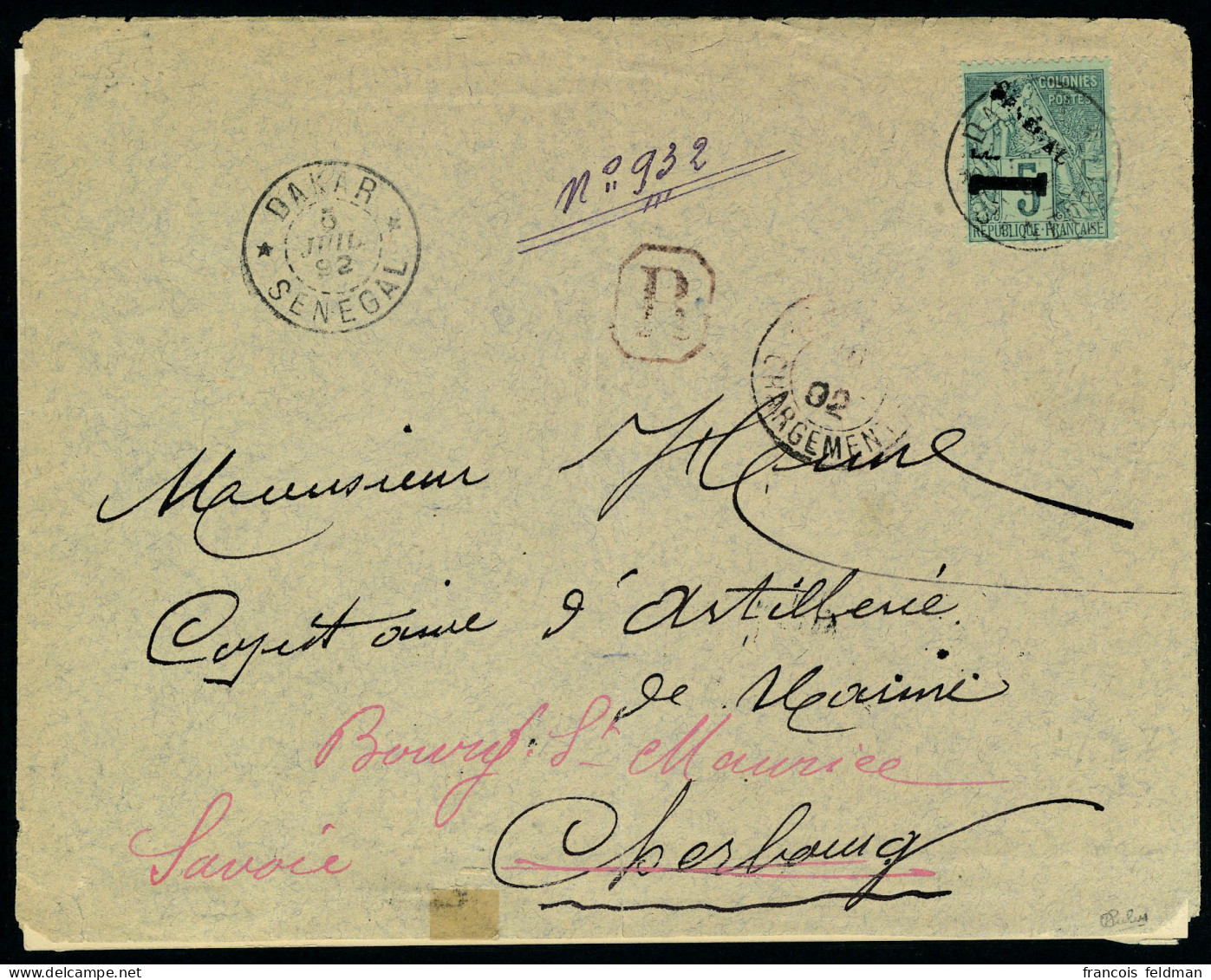 Lettre N° 7. 1f Sur 5c Vert, Seul Sur LR Chargée De Dakar (5 Juil 92), Pour Cherbourg, Réexpédiée à Bourg St-Maurice, Au - Autres & Non Classés