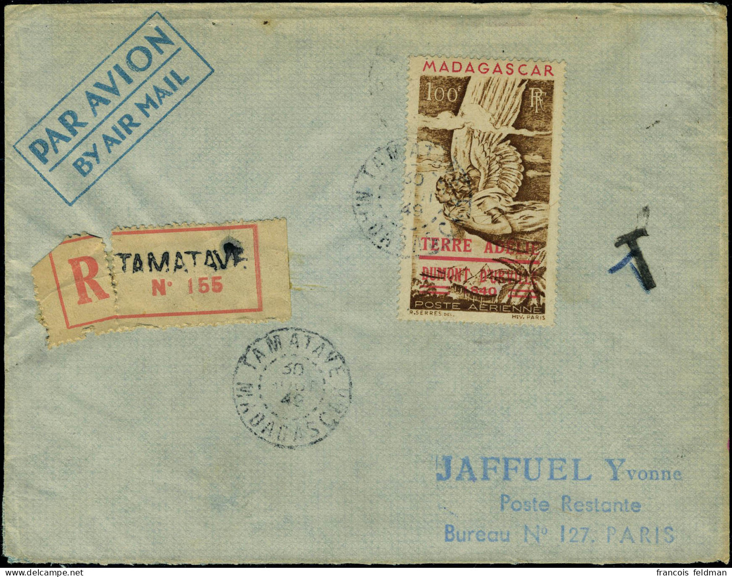 Lettre N° 1, 1.00 S/LR OBL MADAGASCAR 30 Août 49 Pour PARIS Avec Arrivée 7/9/49, TB - Other & Unclassified