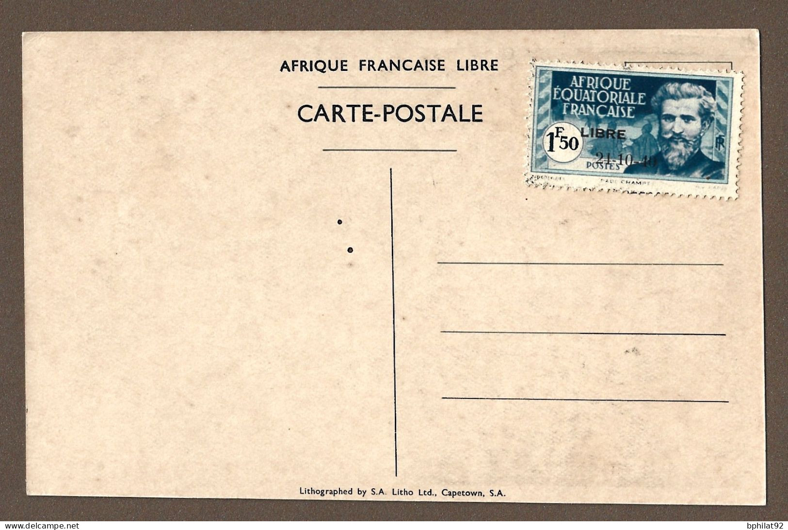 !!! CARTE POSTALE COMMÉMORATIVE DE 1940, DE GAULLE À BRAZZAVILLE, FRANCE LIBRE, AFFRANCHIE À 1 FRANC 50CTS - Cartas & Documentos
