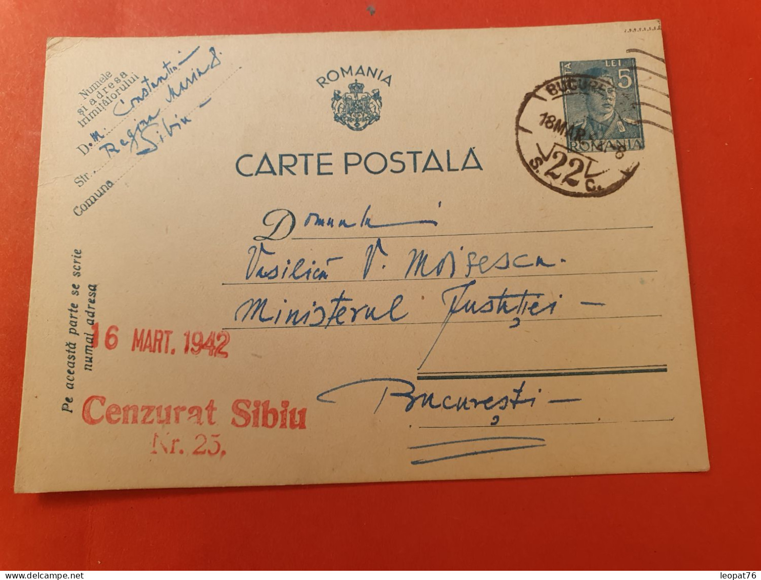 Roumanie - Entier Postal De Sibiu Pour Bucarest Avec Cachet De Censure En 1942 - J 509 - Postal Stationery