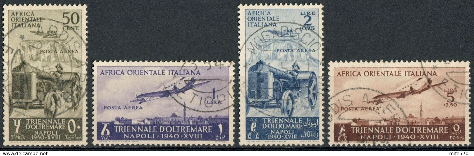 REGNO AFRICA ORIENTALE ITALIANA 1940 A.O.I. SERIE 1ª MOSTRA TRIENNALE D'OLTREMARE POSTA AEREA USATI SASSONE A16/A19 - Italian Eastern Africa