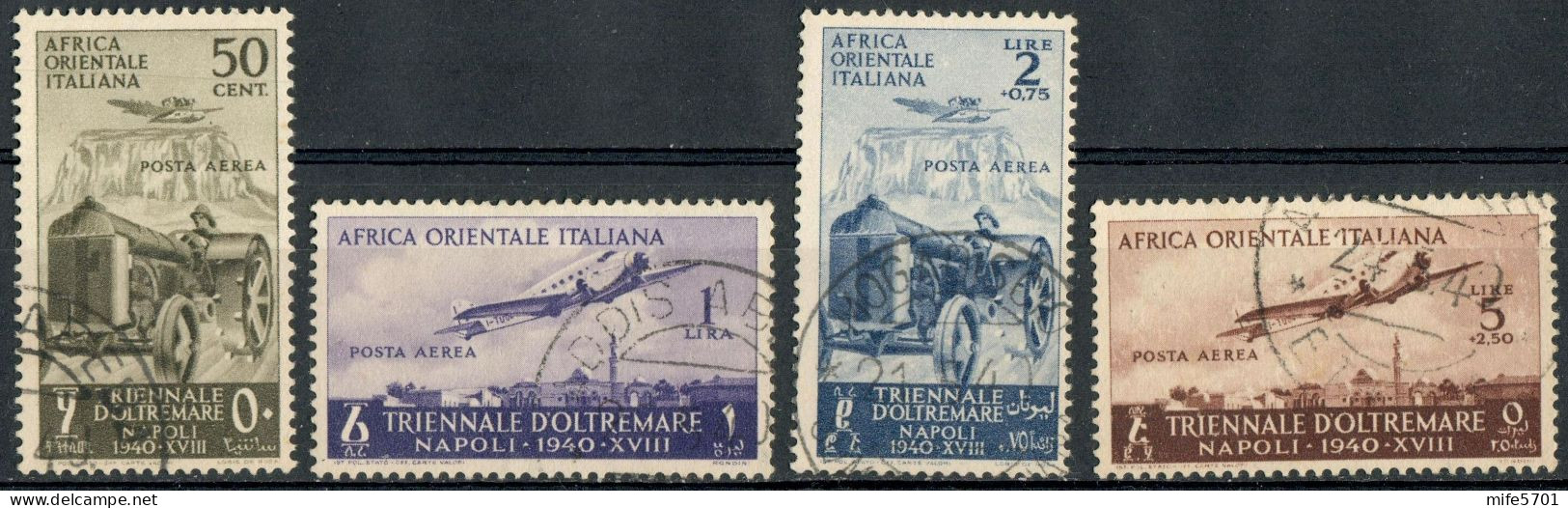 REGNO AFRICA ORIENTALE ITALIANA 1940 A.O.I. SERIE 1ª MOSTRA TRIENNALE D'OLTREMARE POSTA AEREA USATI SASSONE A16/A19 - Italienisch Ost-Afrika