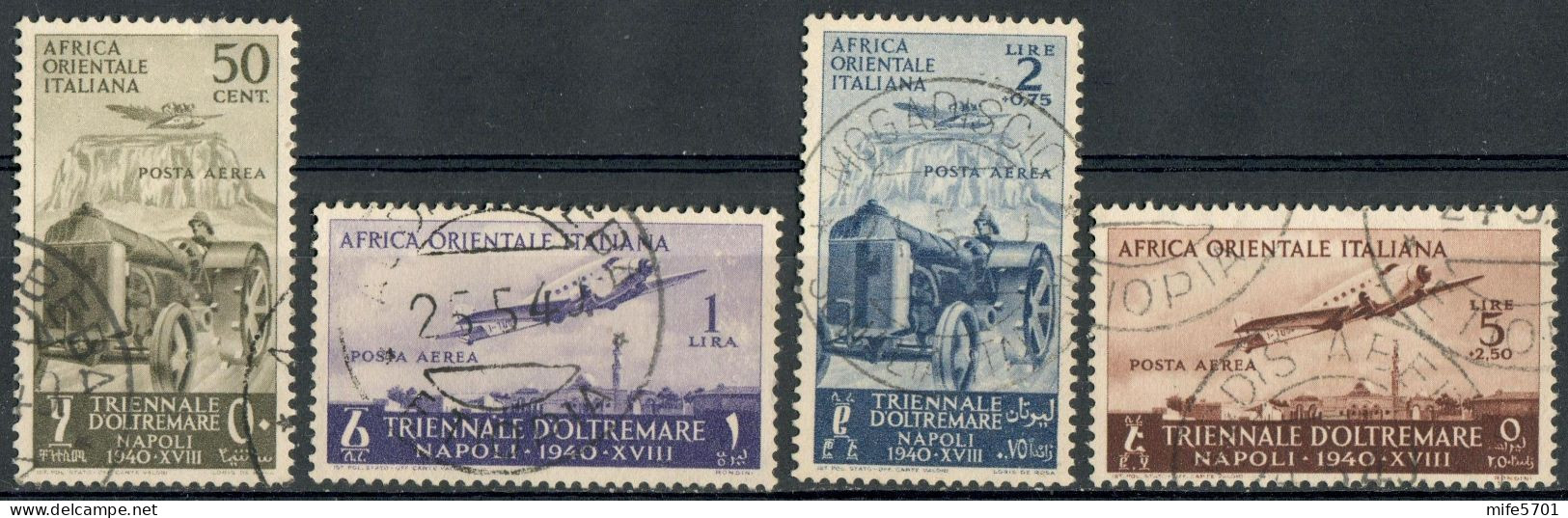 REGNO AFRICA ORIENTALE ITALIANA 1940 A.O.I. SERIE 1ª MOSTRA TRIENNALE D'OLTREMARE POSTA AEREA USATI SASSONE A16/A19 - Italienisch Ost-Afrika