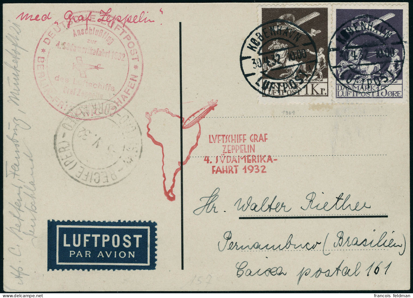 Lettre N° 2 Et 5 Sur CP, Zeppelin 4SAF 1932, Càd Kobenhavn 30.4.32 Pour Pernambuco, Cachet Rouge Illustré Berlin-Friedri - Other & Unclassified