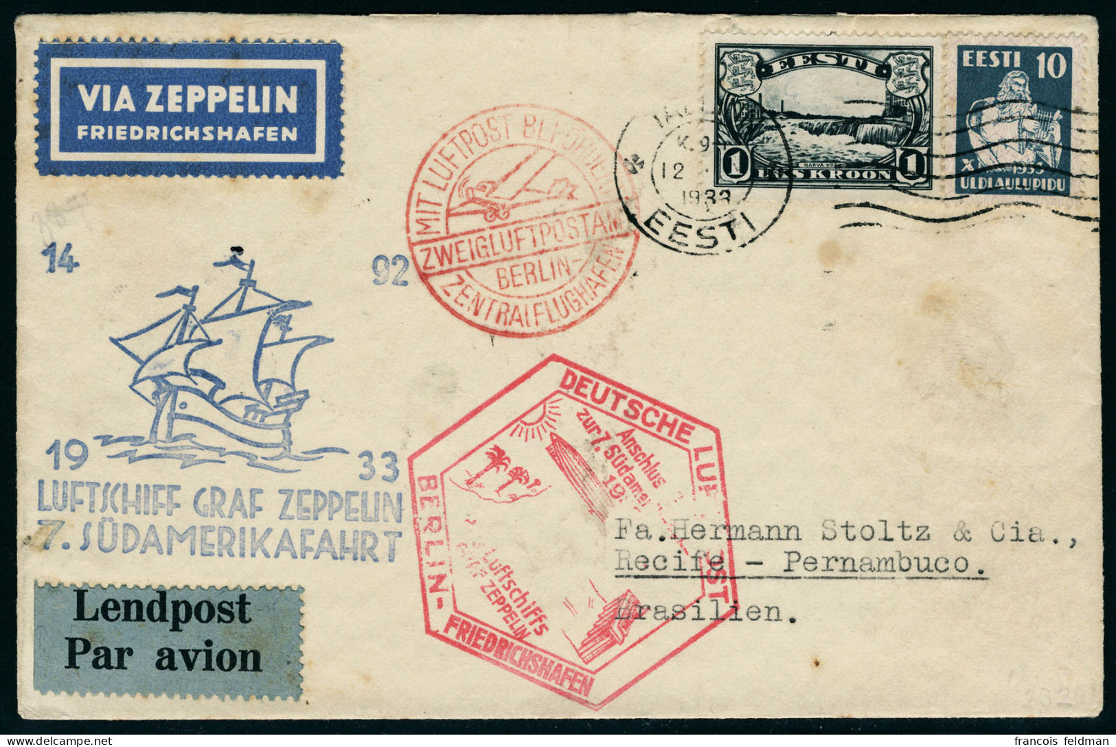 Lettre Zeppelin 7 SAF 1933, L. Càd Tallinn 12.IX.33, Càd De Transit Berlin 12.9.33 Pour Recife Pernambuco, Arrivée Perna - Other & Unclassified