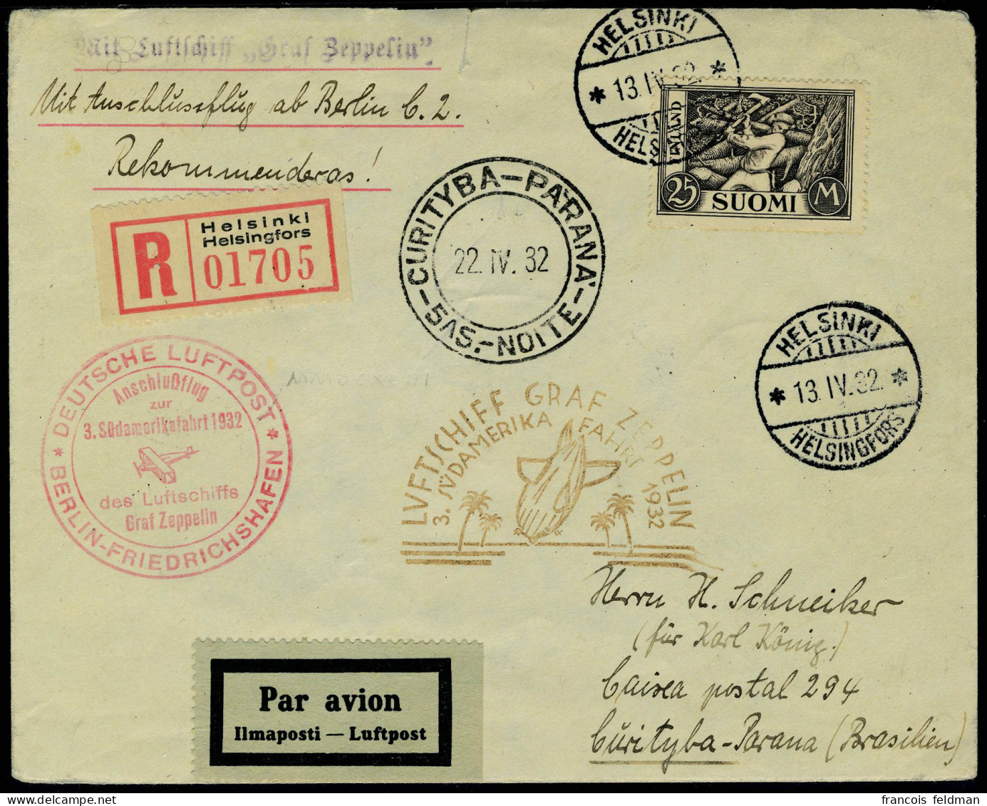 Lettre Zeppelin 3 SAF 1932 LR D'Helsinki 13.IV.32, Cachet Rouge Illustré Berlin Friedrichshafen, Pour Curityba Parana Br - Otros & Sin Clasificación