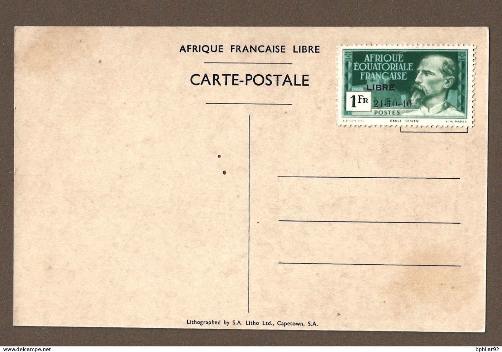!!! CARTE POSTALE COMMÉMORATIVE DE 1940, DE GAULLE À BRAZZAVILLE, FRANCE LIBRE, AFFRANCHIE À 1 FRANC - Cartas & Documentos