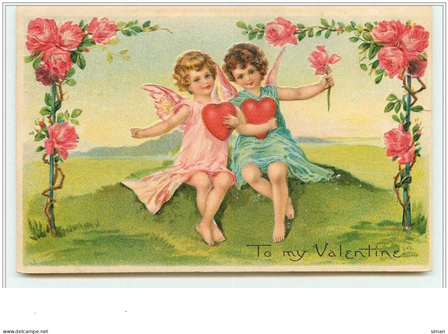 N°3893 - Carte Gaufrée - To My Valentine - Angelots Assis Avec Des Coeurs - Valentijnsdag