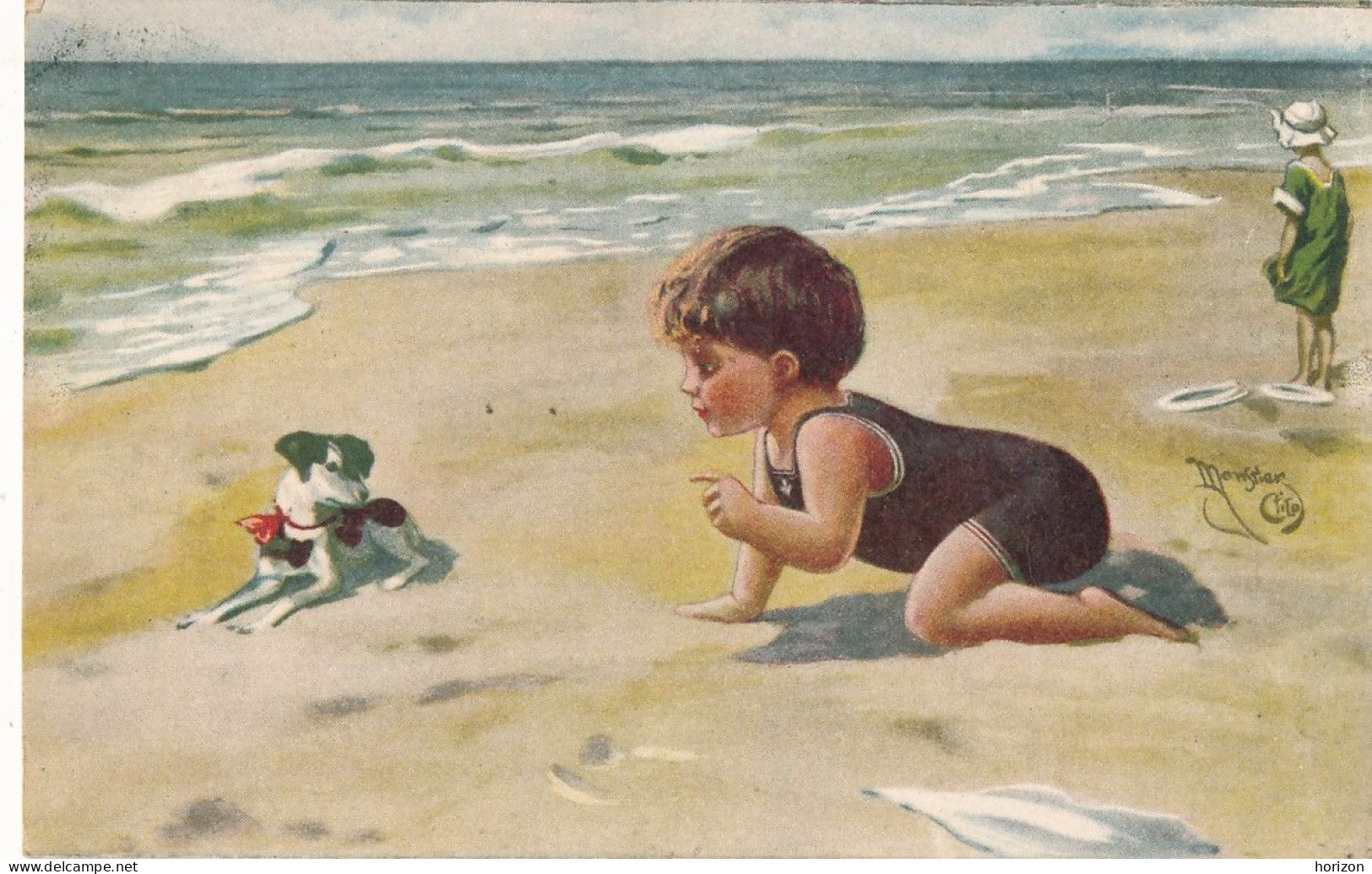 2h.10  Clito MONESTIER - Bimbo Con Cane Sulla Spiaggia - 1912 - Monestier, C.