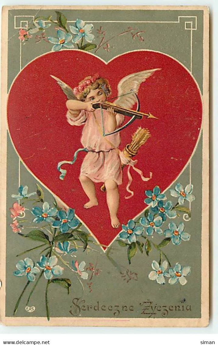 N°22129 - Carte Gaufrée - Serdeezne Zyezenia - Cupidon Au Milieu D'un Coeur S'apprêtant à Tirer Une Flèche - Saint-Valentin