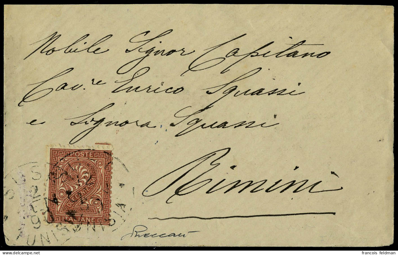 Lettre N° 13, 2c Brun Rouge Sur L, OBL. Susa Tunisi 3 Gen 90 Pour Rimini, Arrivée Au Verso, TB, Rare, Certificat Vaccari - Autres & Non Classés