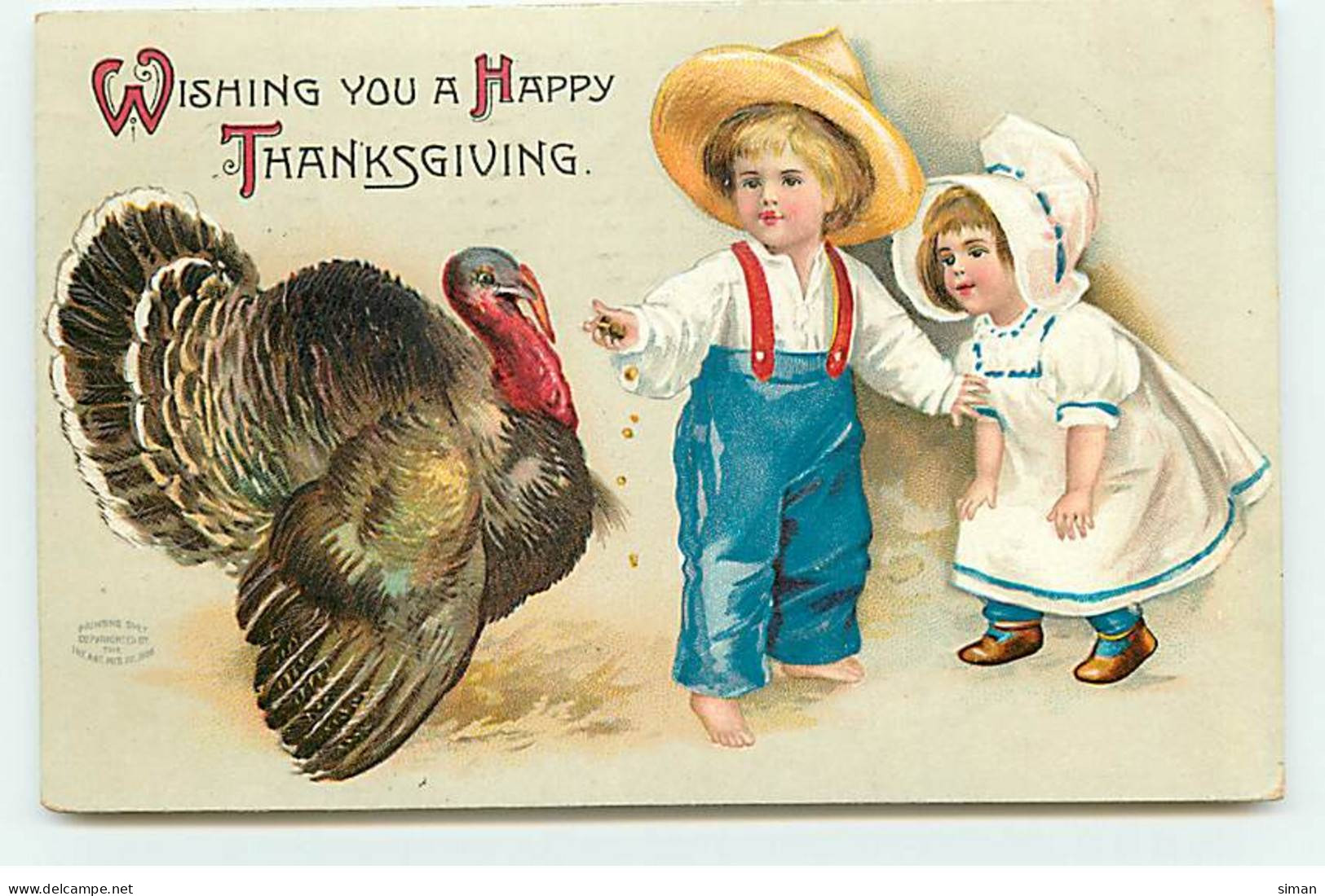 N°22073 - Carte Gaufrée - Clapsaddle - Wishing You A Happy Thanksgiving - Enfants Près D'une Dinde - Thanksgiving