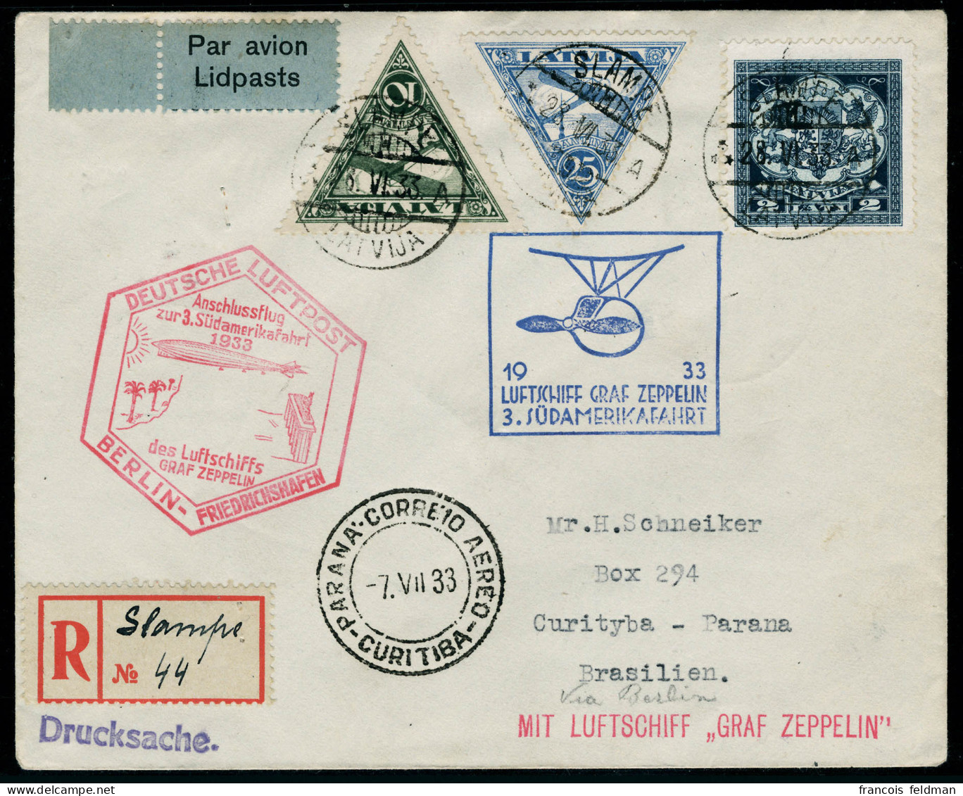 Lettre Zeppelin 3 SAF 1933. LR De Slampe 28.VI.33, Cachet Illustré Berlin - Friedrichshafen, Au Verso Càd De Transit Ber - Sonstige & Ohne Zuordnung